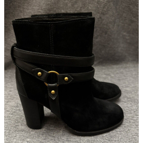 UGG Women's Dandridge Black Suede High Heel Harness Wrap Boots Size 5.5